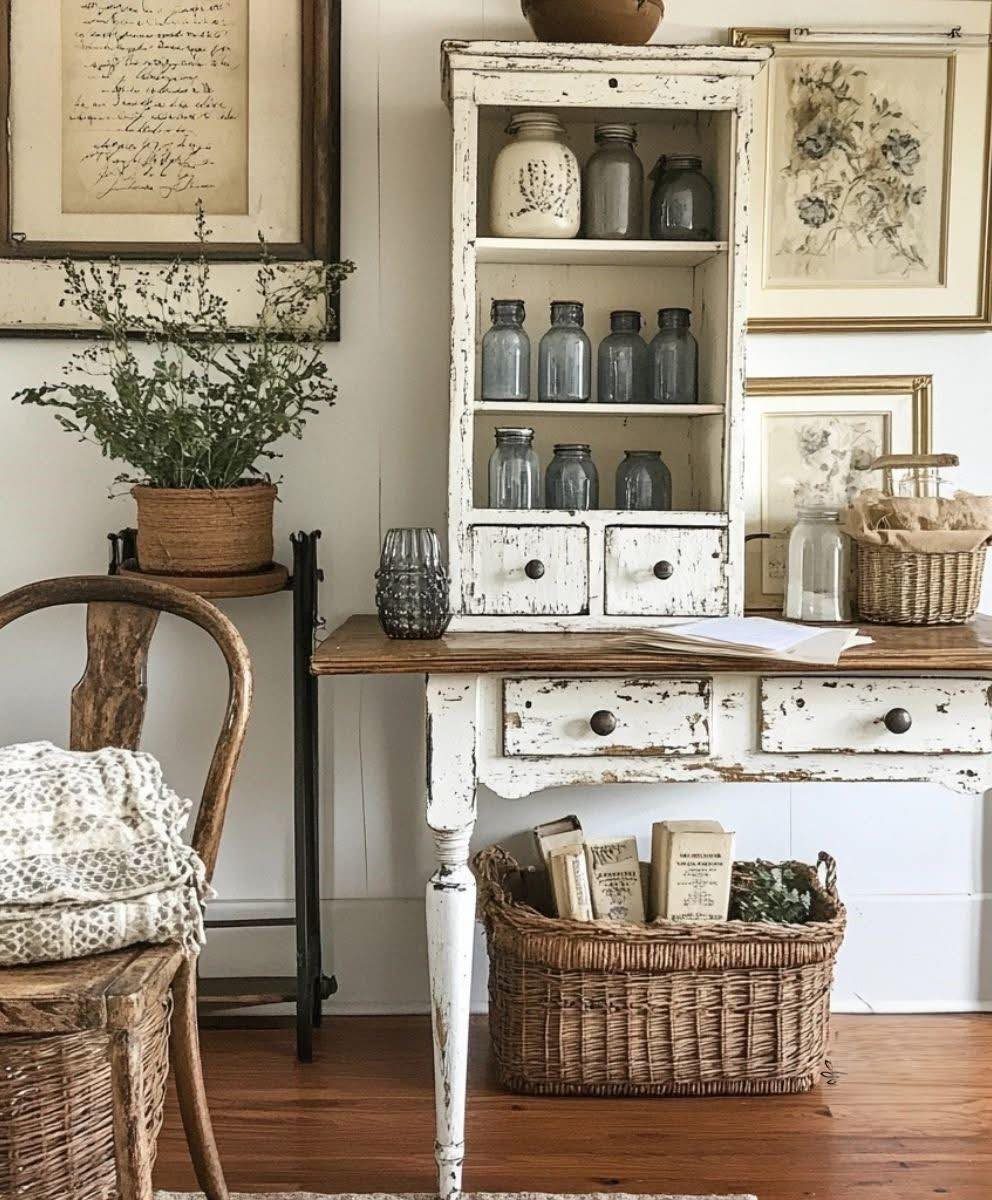 Wicker baskets used for storage in a rustic room with a white hutch.