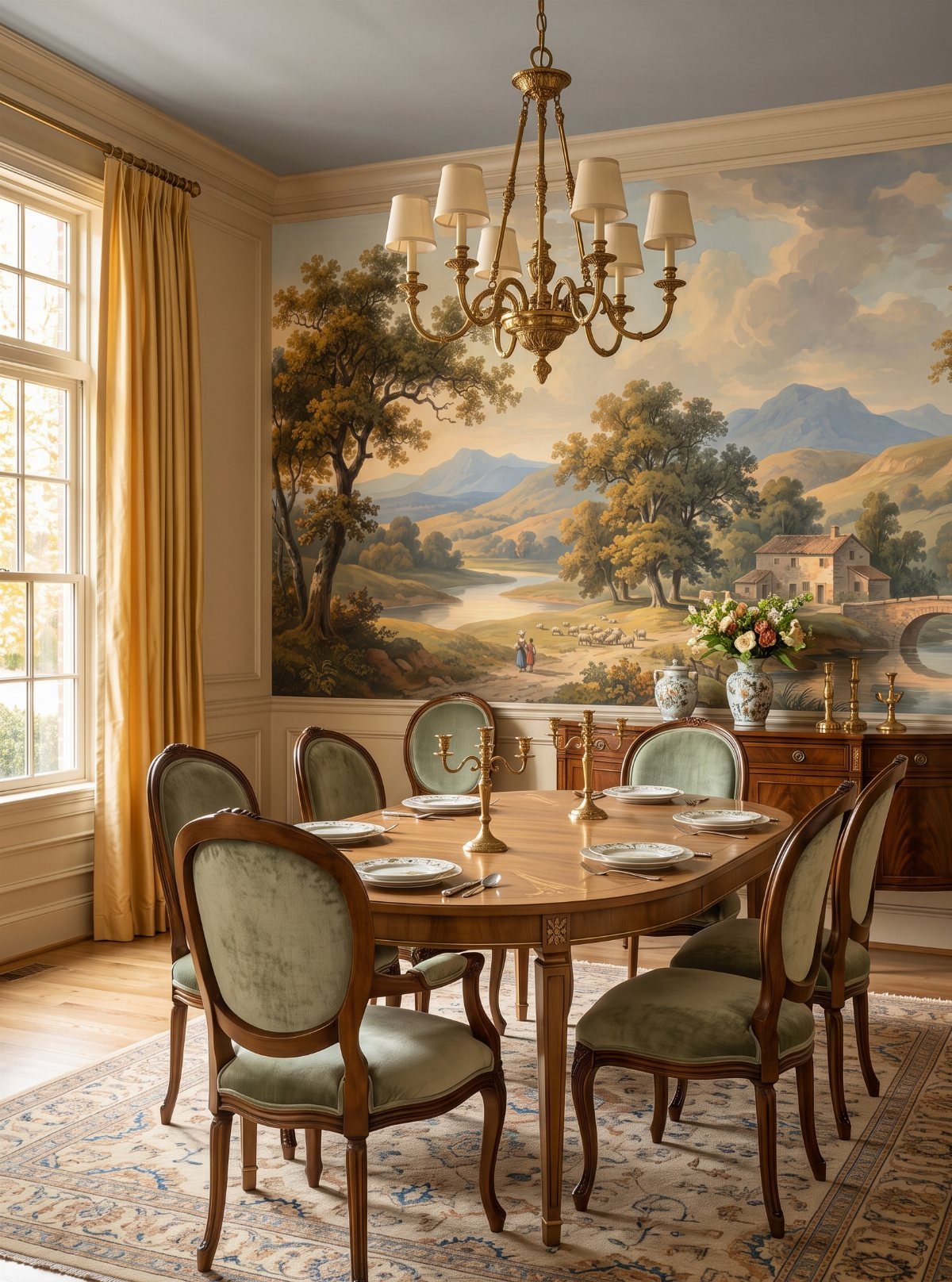 Dining room with a landscape mural wallpaper, oval wooden table, and green chairs.