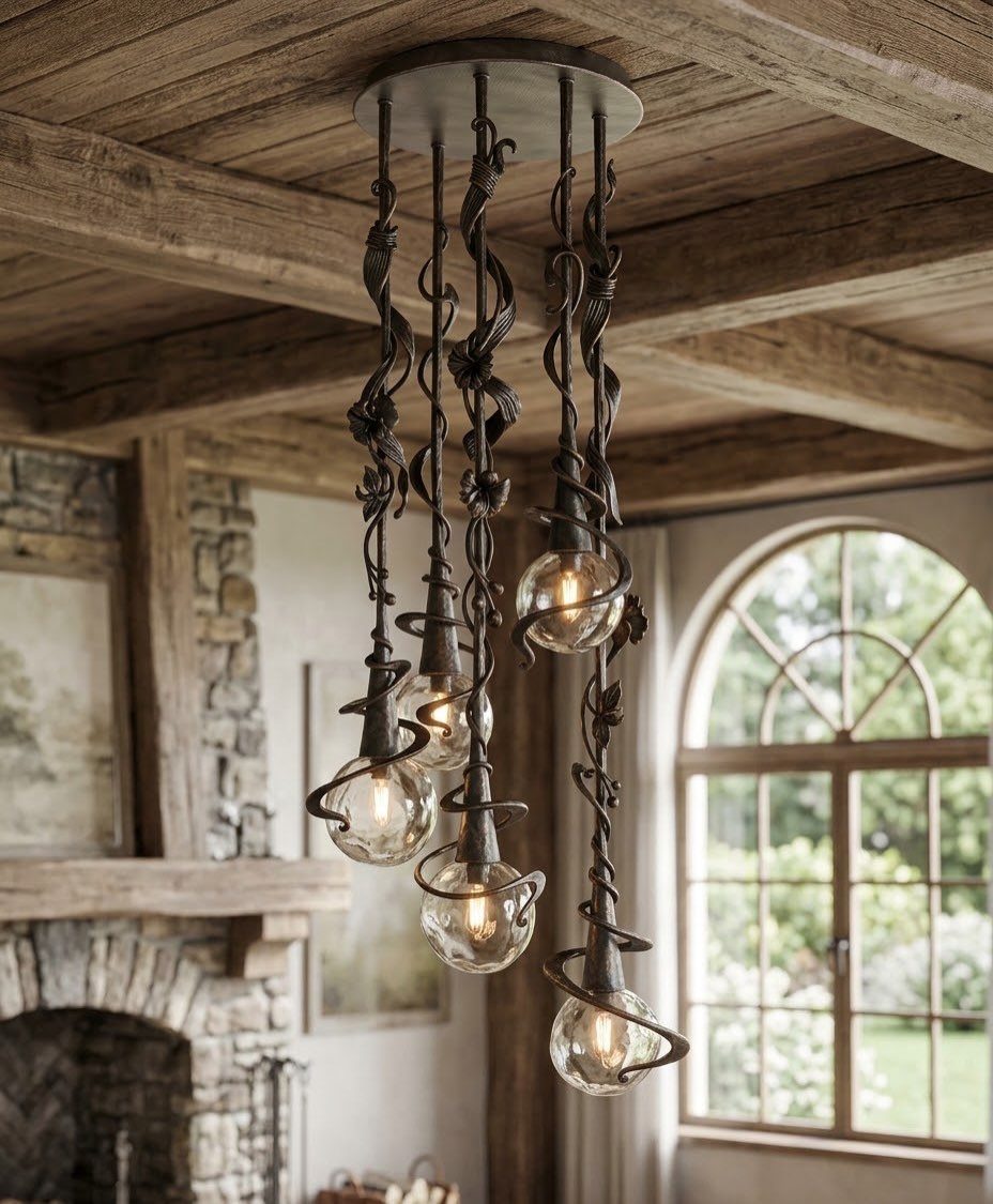 Wrought iron chandelier with swirling arms and glass globes under wooden ceiling beams