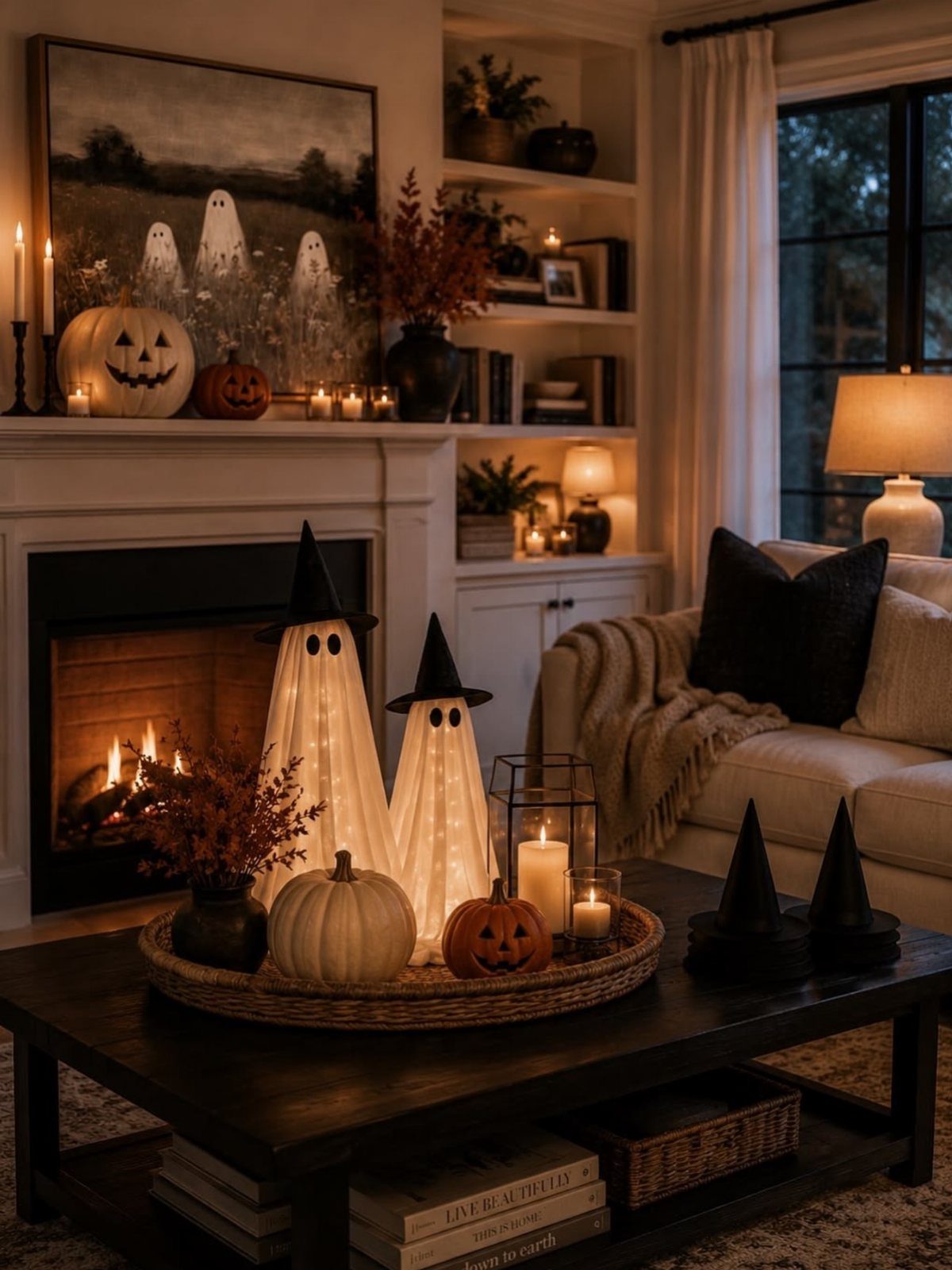 Halloween living room with glowing ghost figures, pumpkins, and a warm fireplace.