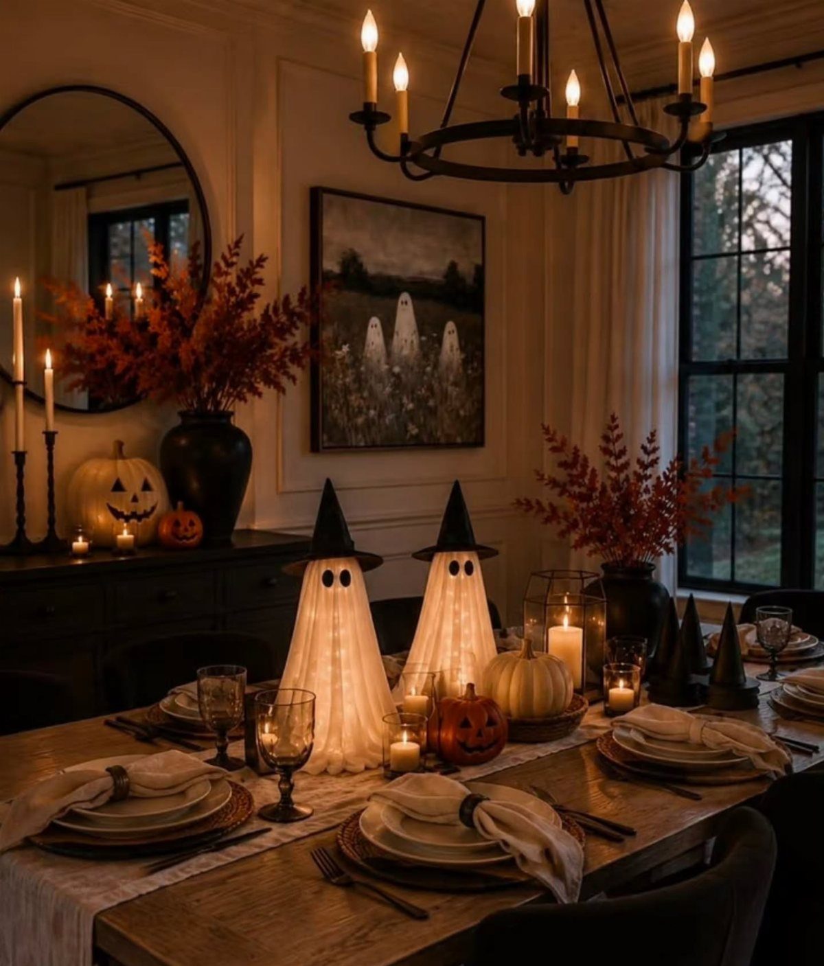 Halloween dining table setting with glowing ghosts, pumpkins, and orange autumn foliage.