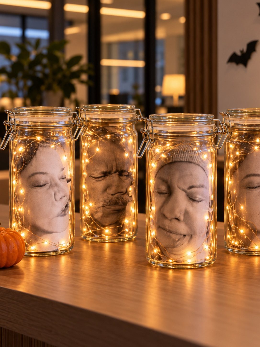 Glass jars with fairy lights and faces on a wooden table with pumpkin