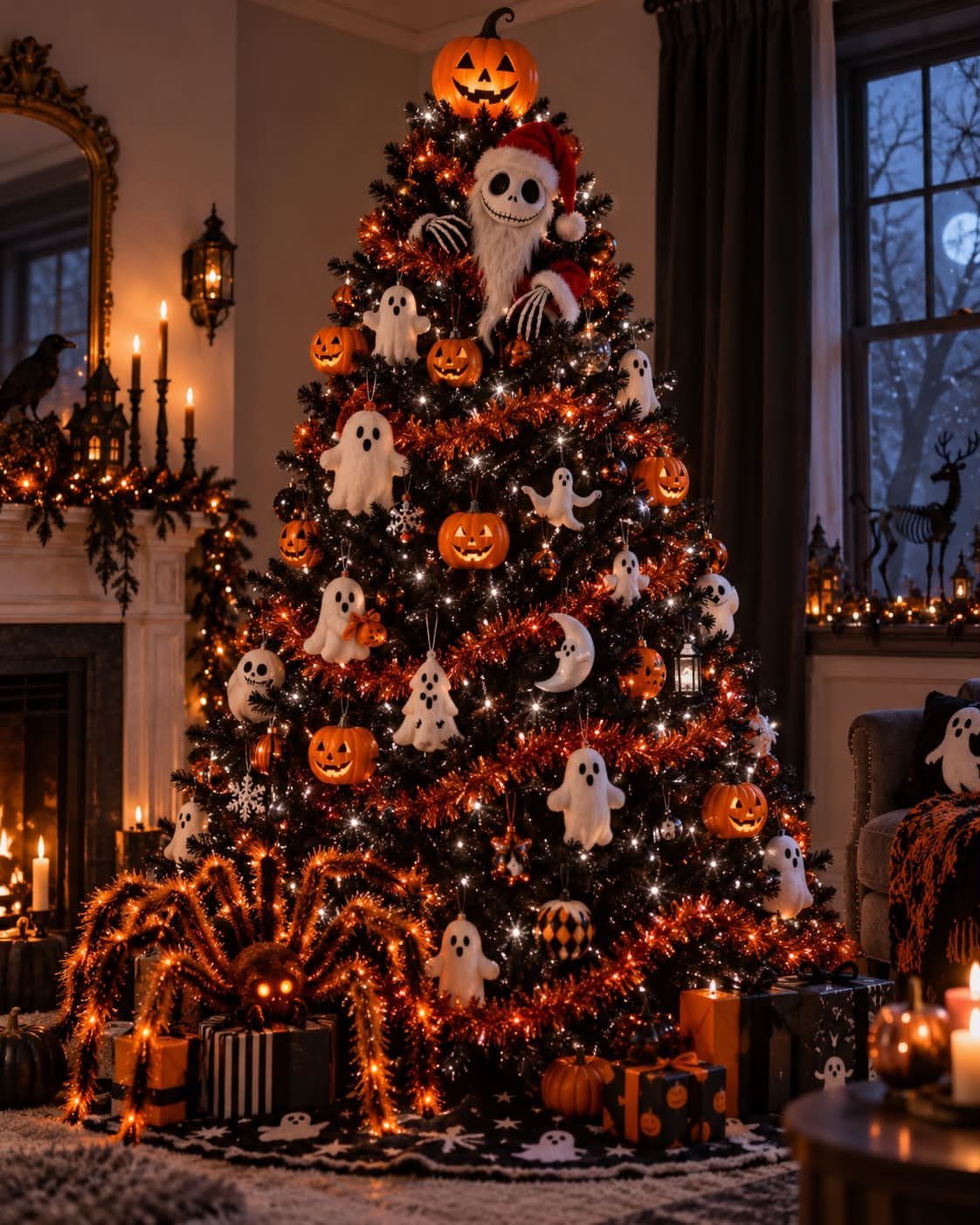 Black Halloween tree decorated with ghosts, pumpkins, and orange tinsel in a room.