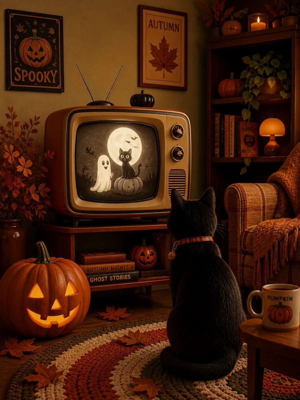 Black cat watching a vintage TV in a cozy Halloween themed room