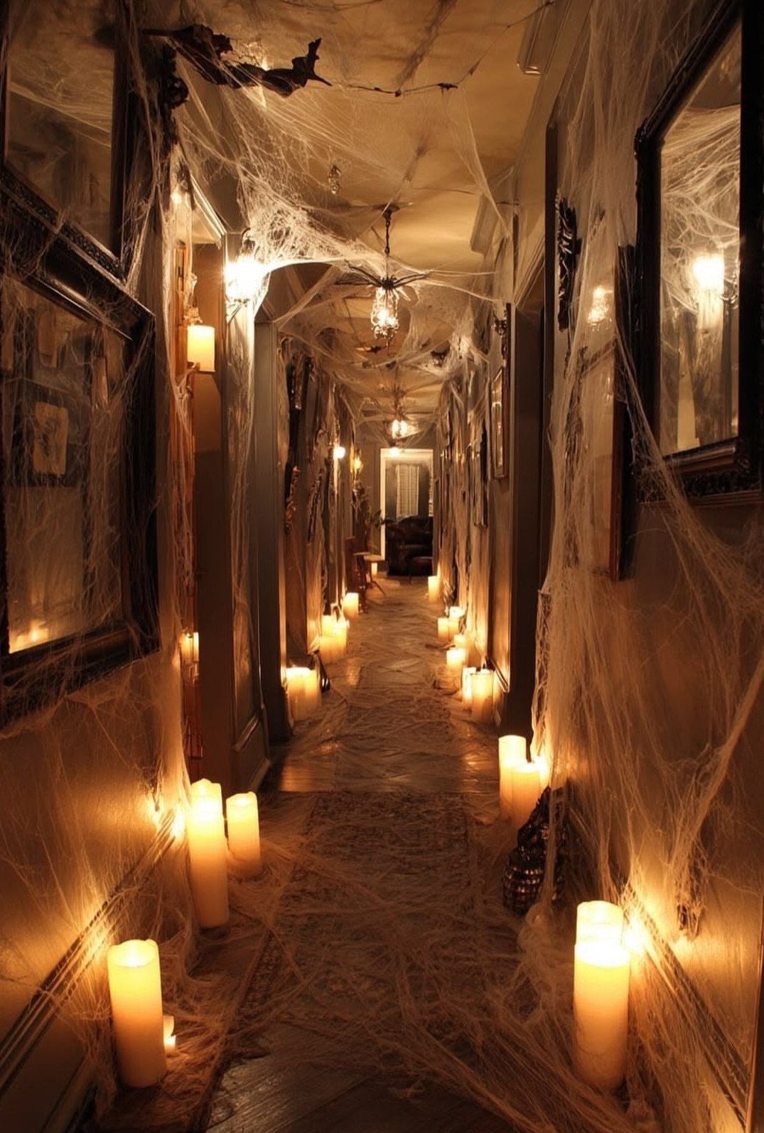 Hallway decorated with thick spider webs and glowing pillar candles on the floor.