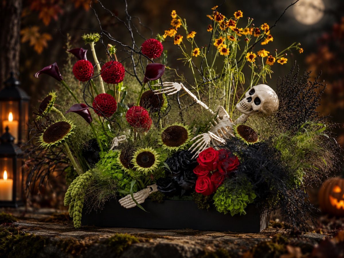 Floral arrangement with red and yellow flowers and a small skeleton in a planter