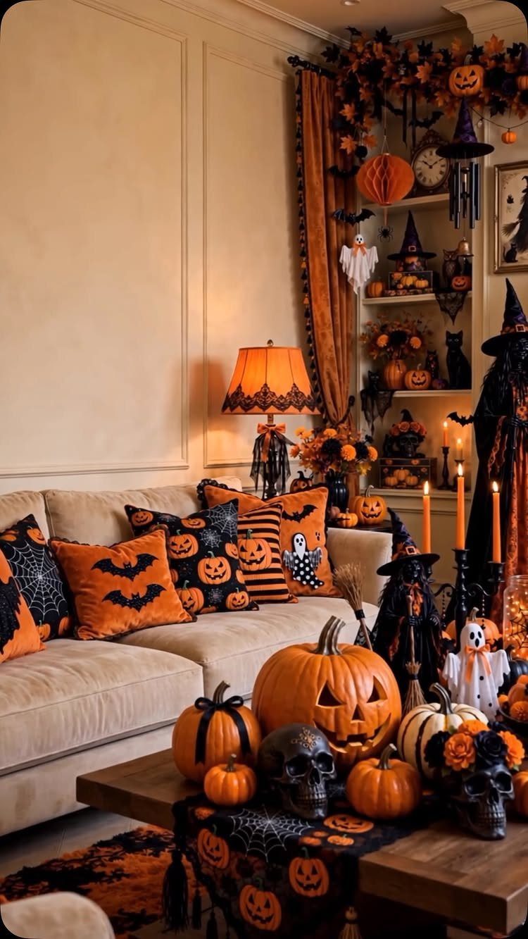 Halloween decorated living room with orange pumpkins, skulls, and themed throw pillows.
