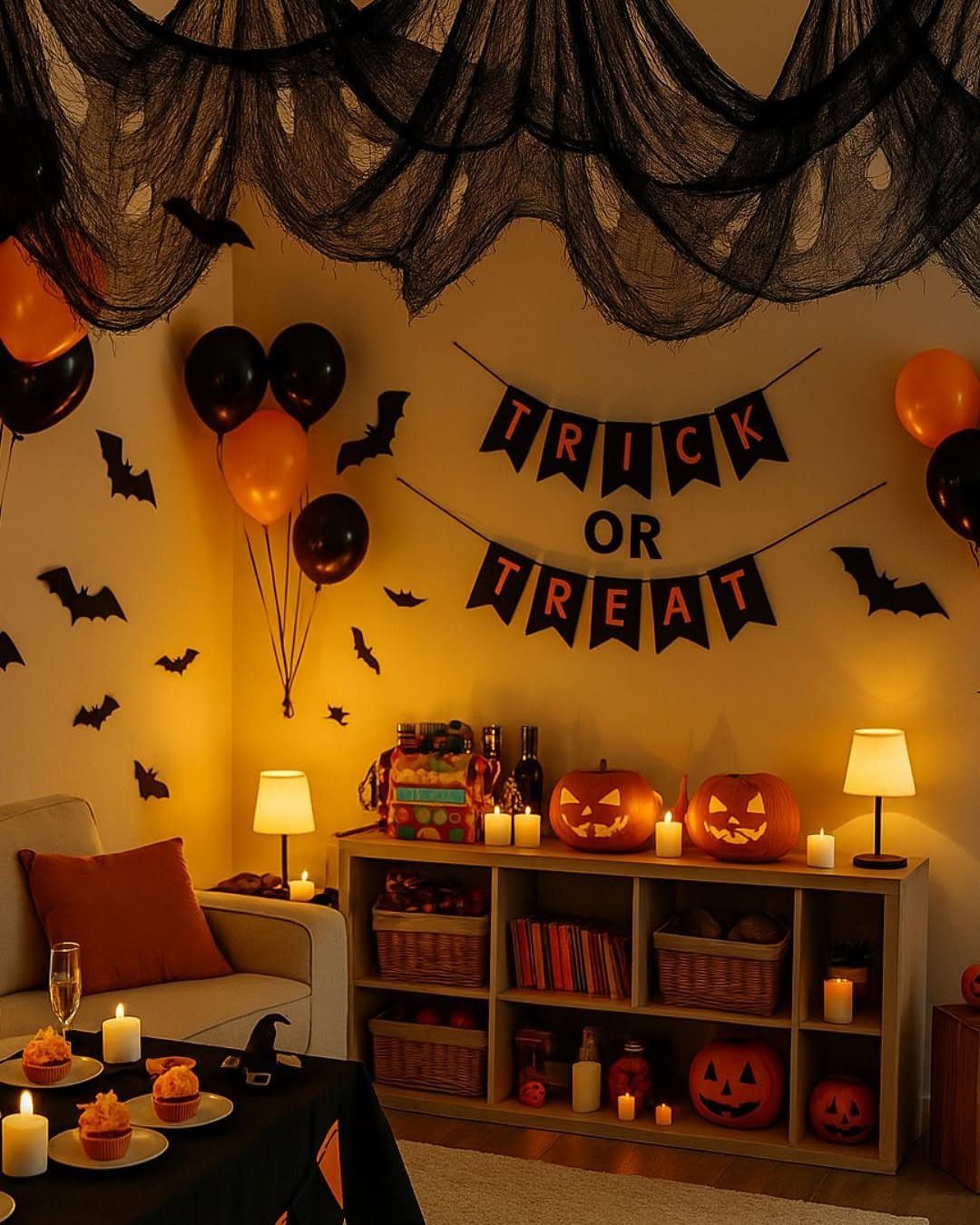 Trick or Treat banner and Halloween decorations in a warmly lit room