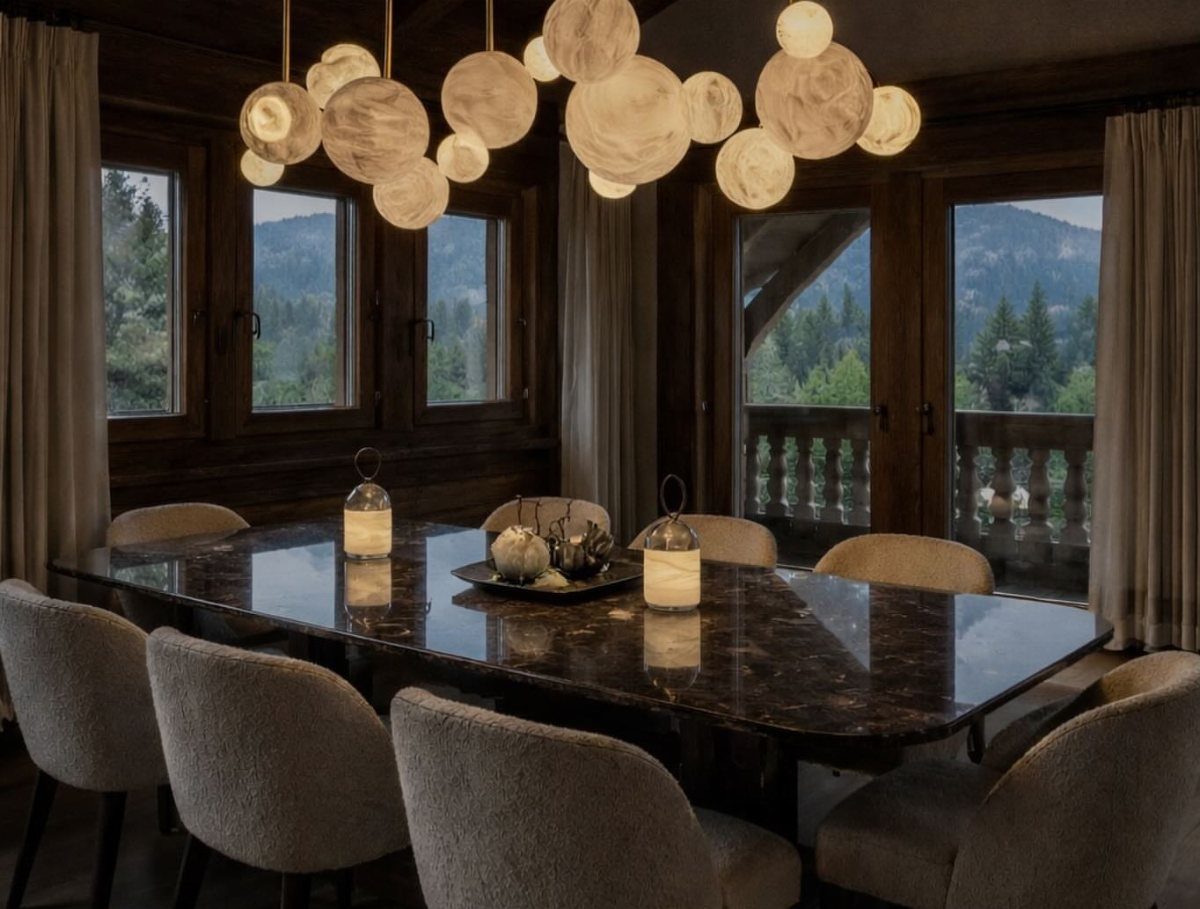 Modern spherical globe chandelier hanging over a dark marble dining room table