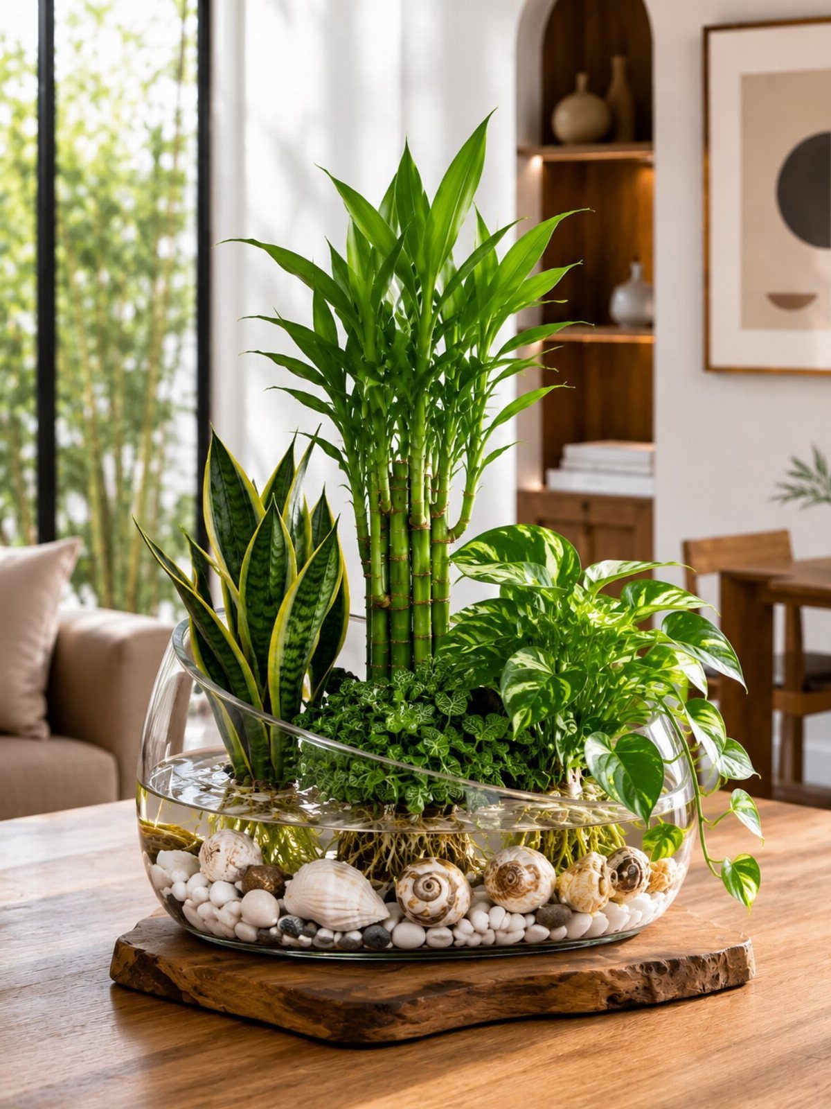 Green potted plants in a glass bowl on a wooden dining room table