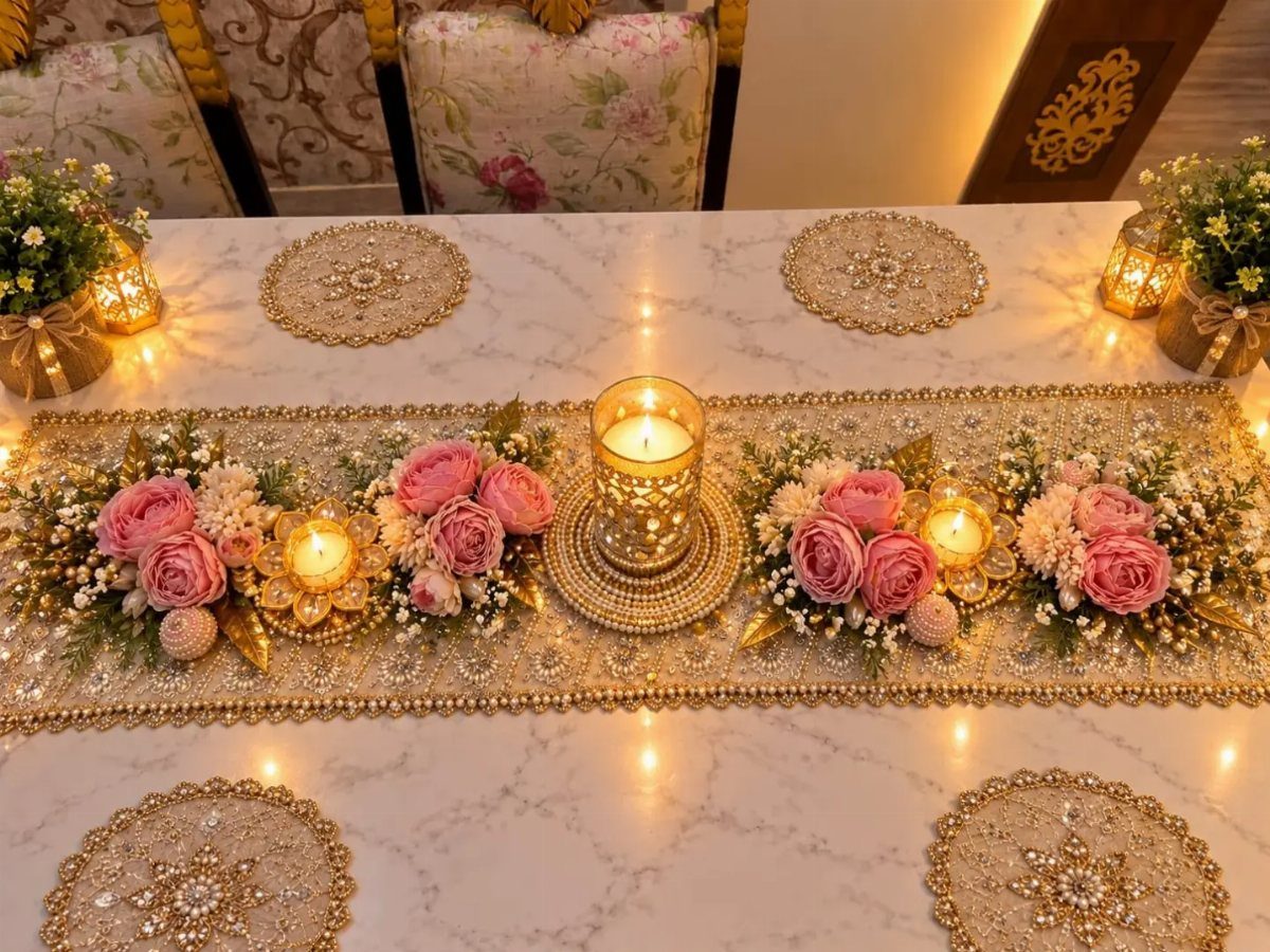 Gold beaded table runner with pink roses and lit candles on marble table