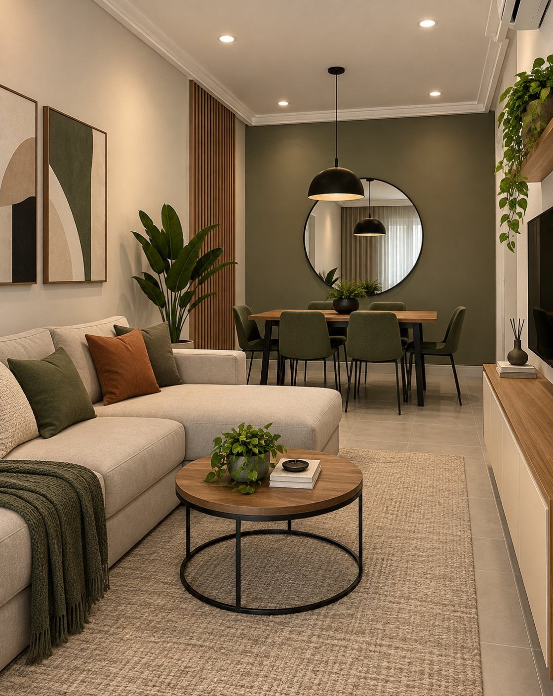 Dining area with green chairs against a dark olive green accent wall and mirror