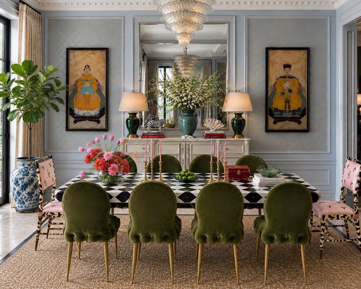 Dining room with checkered tablecloth, green velvet chairs, and blue walls with portraits.