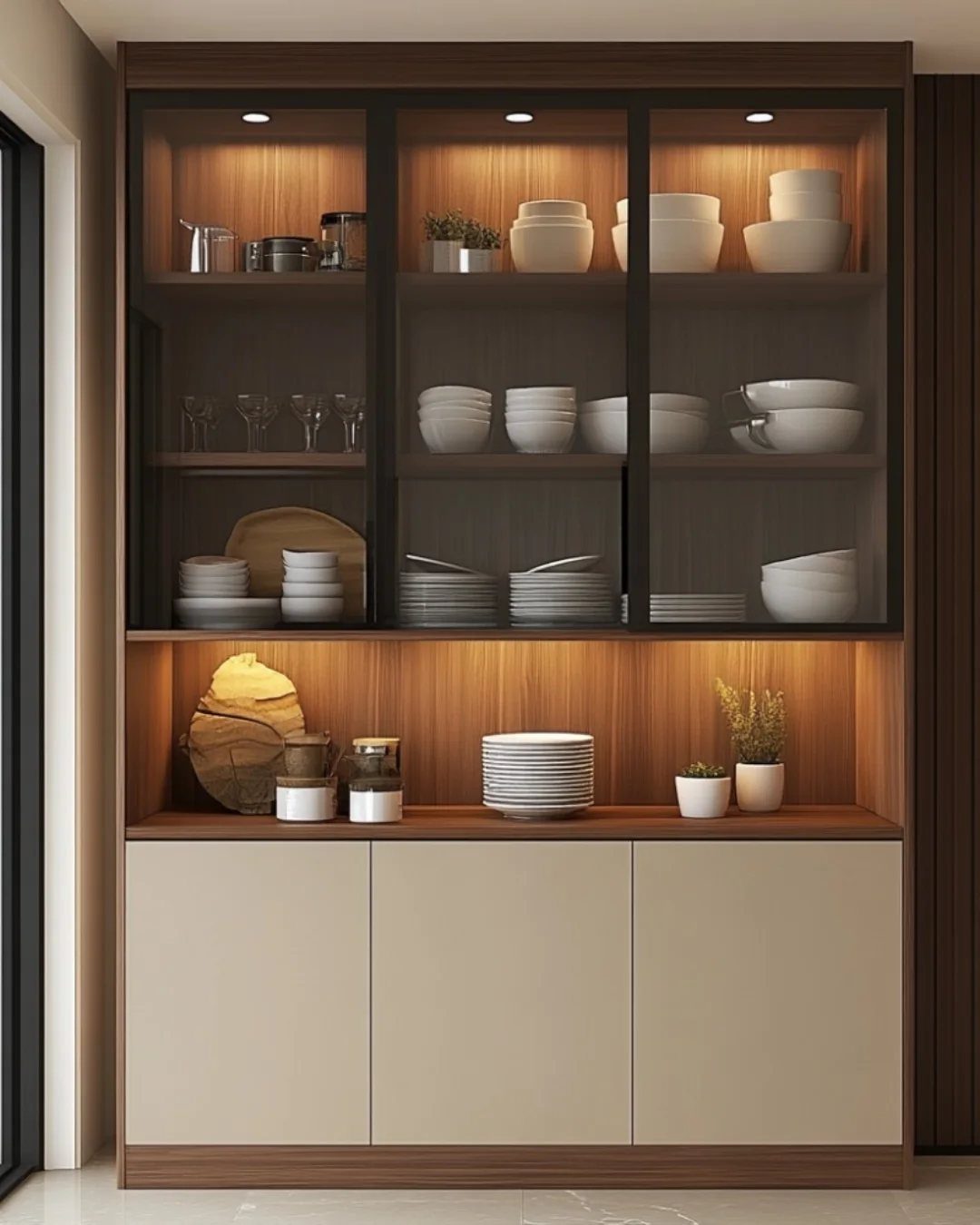 Built-in wooden cabinetry with glass doors and illuminated shelves holding white ceramic dinnerware.