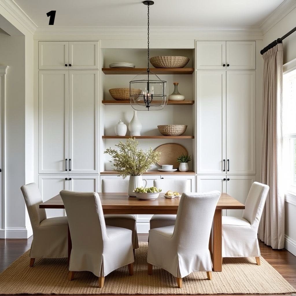 Wooden floating shelves with baskets and vases in a bright white dining room