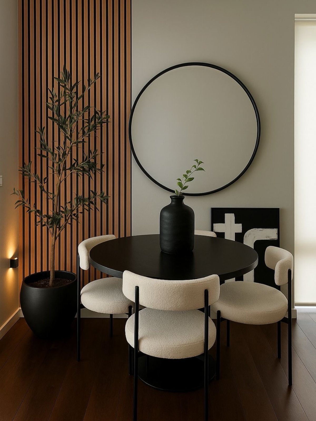 Black round dining table with white boucle chairs and a large circular mirror.