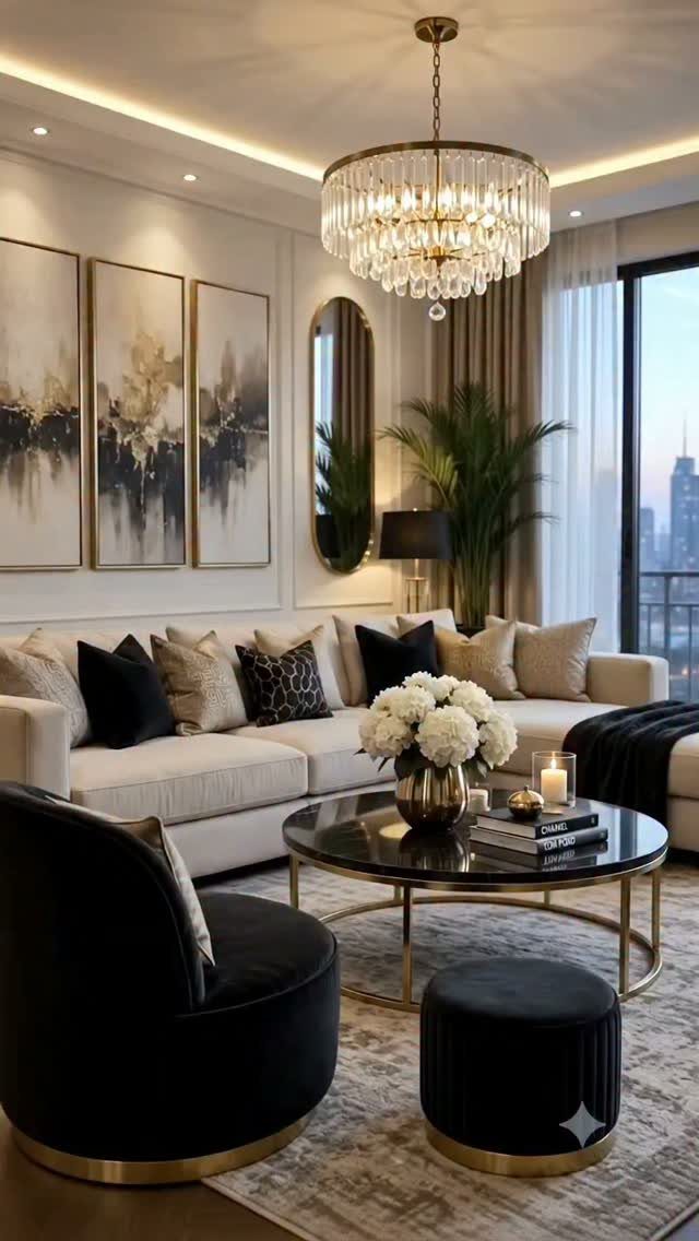 Luxurious living room with a cohesive cream, black, and gold color scheme.