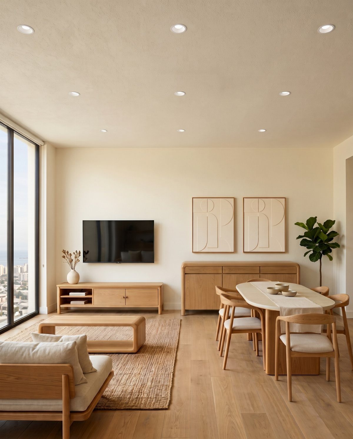 Modern open-concept living and dining room with light wood furniture and neutral tones.