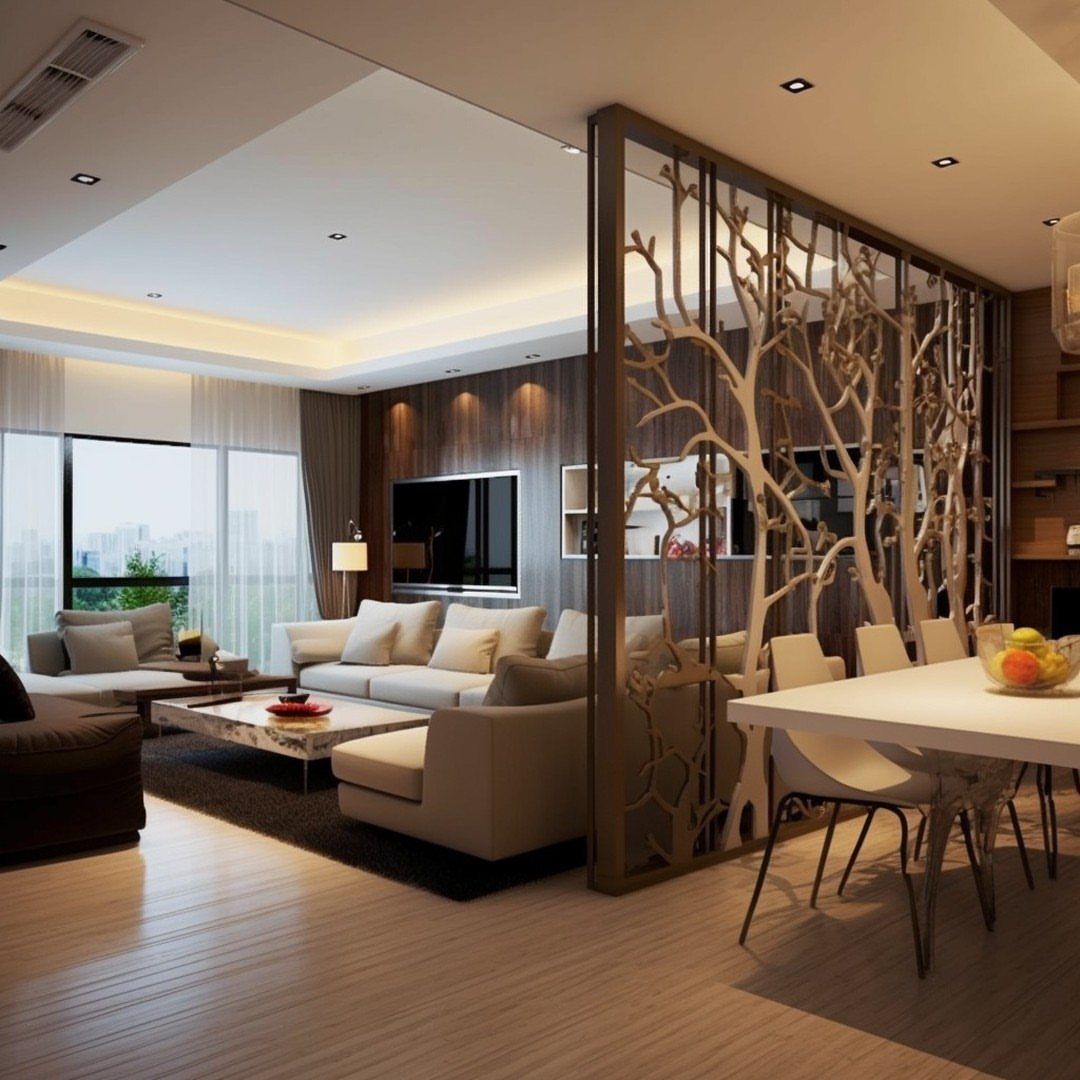 Modern living and dining room separated by a decorative wooden branch screen partition.