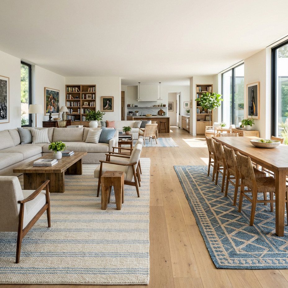 Open concept living and dining room with two distinct blue and cream area rugs.