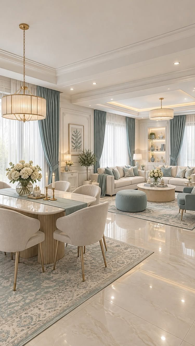 Open concept living and dining room with blue curtains and white furniture.