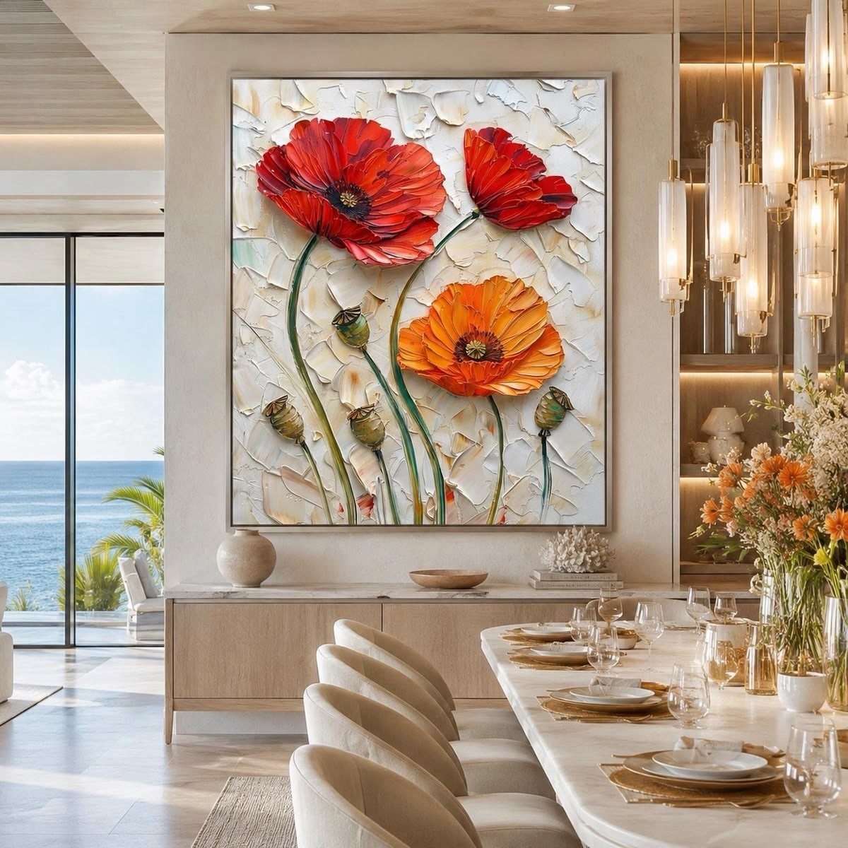 Large textured poppy painting hanging above a modern dining table in a bright room.