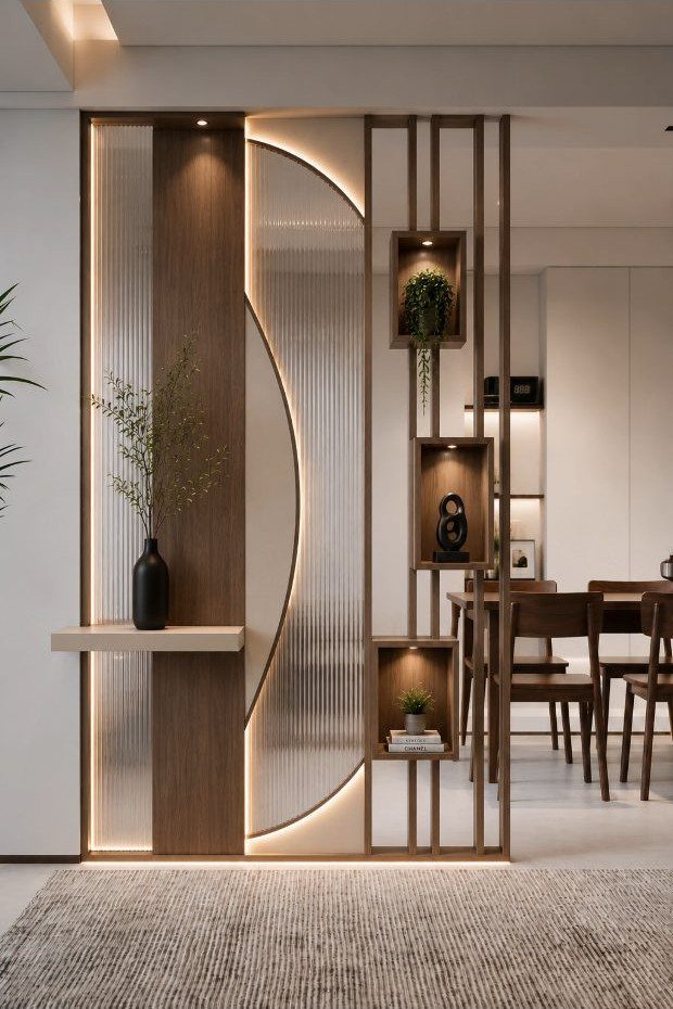 Wooden room divider with glass panels separating a living area from a dining room.