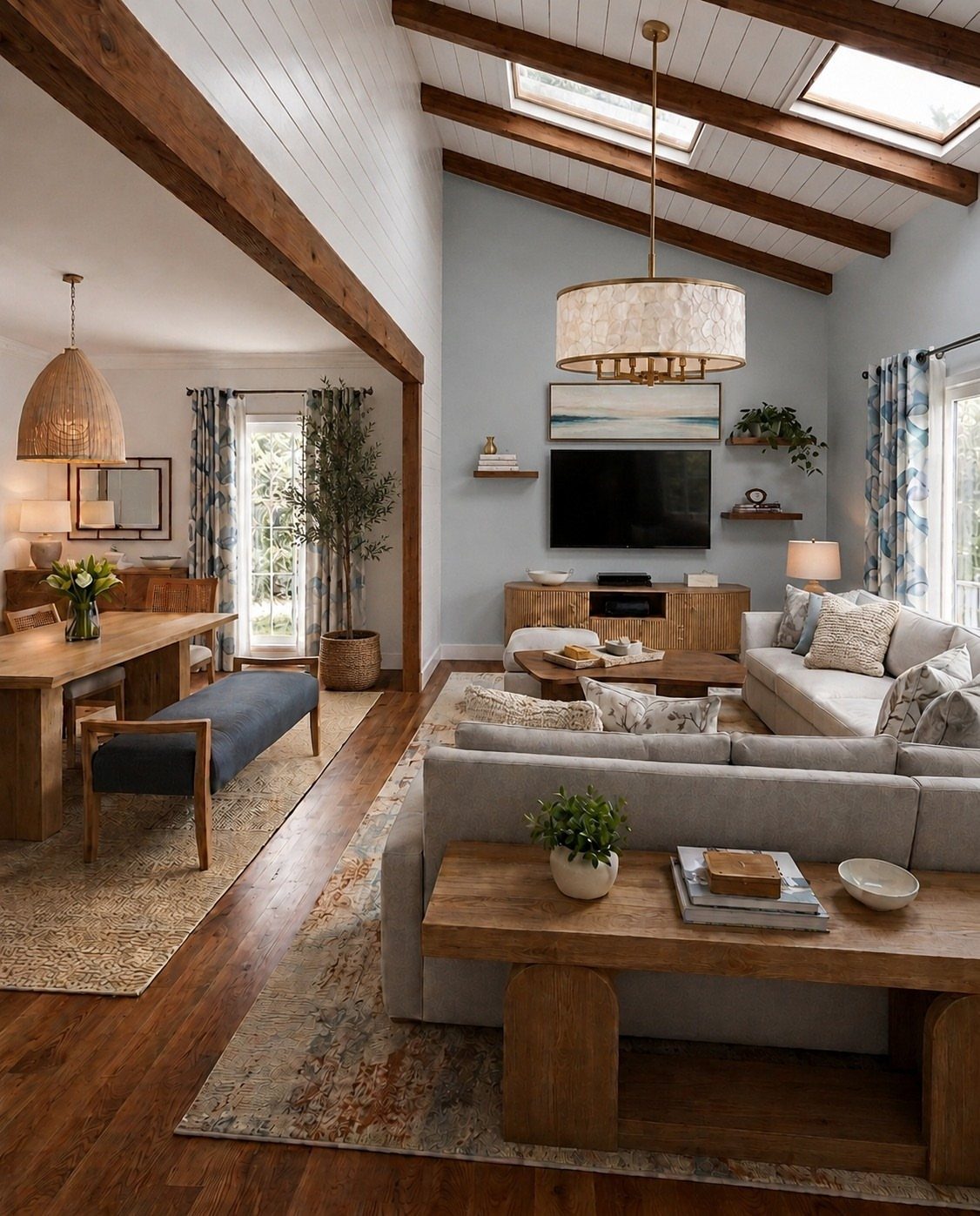 Open concept living and dining room with vaulted wood beam ceilings and hardwood floors