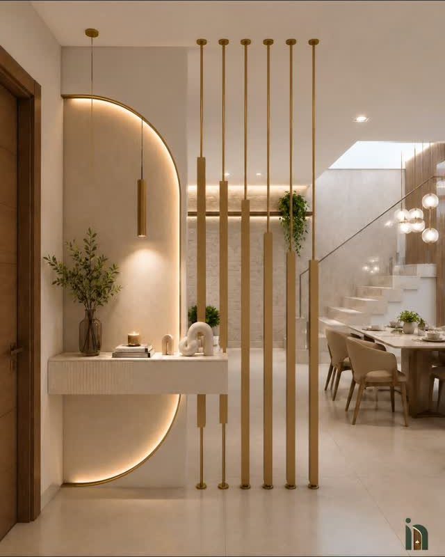 Modern interior with gold slat divider separating a console area from a dining room.
