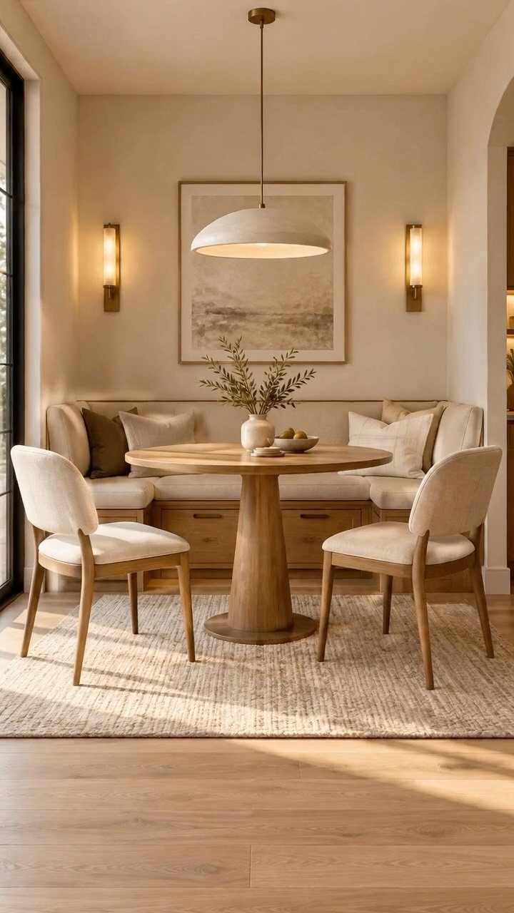 Round wooden dining table with a built-in upholstered bench and cream chairs.