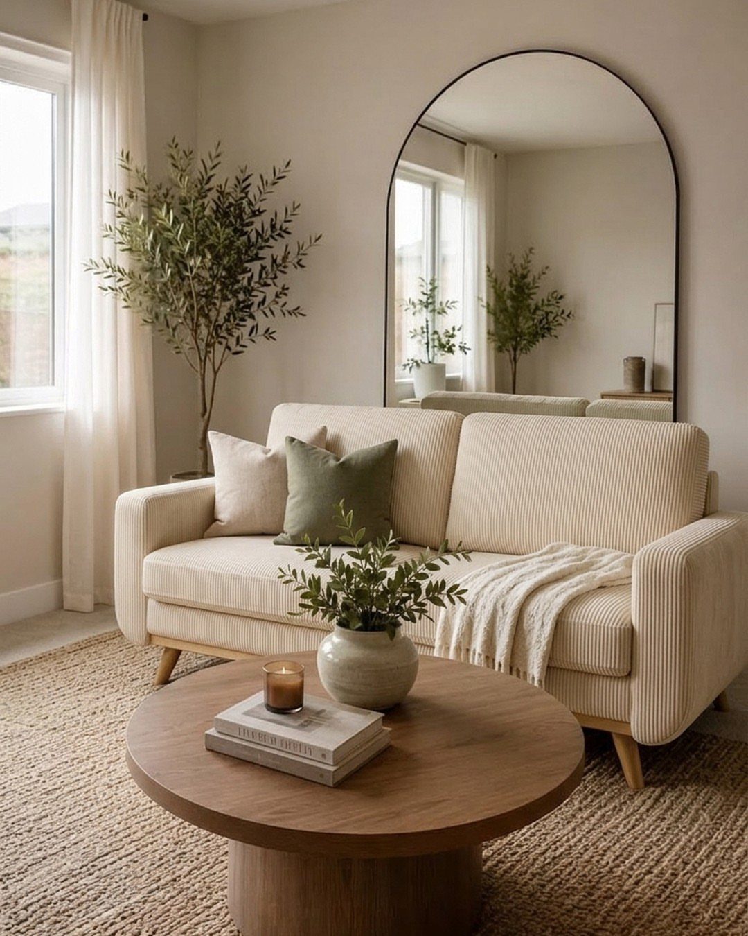 Cream ribbed loveseat with pillows and a round wooden coffee table in a living room