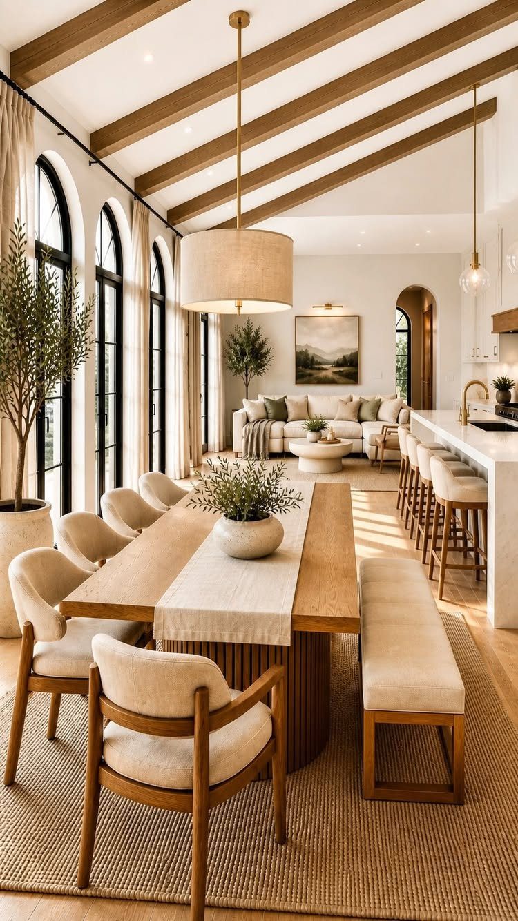 Open concept living and dining room with wooden beams and neutral tones.