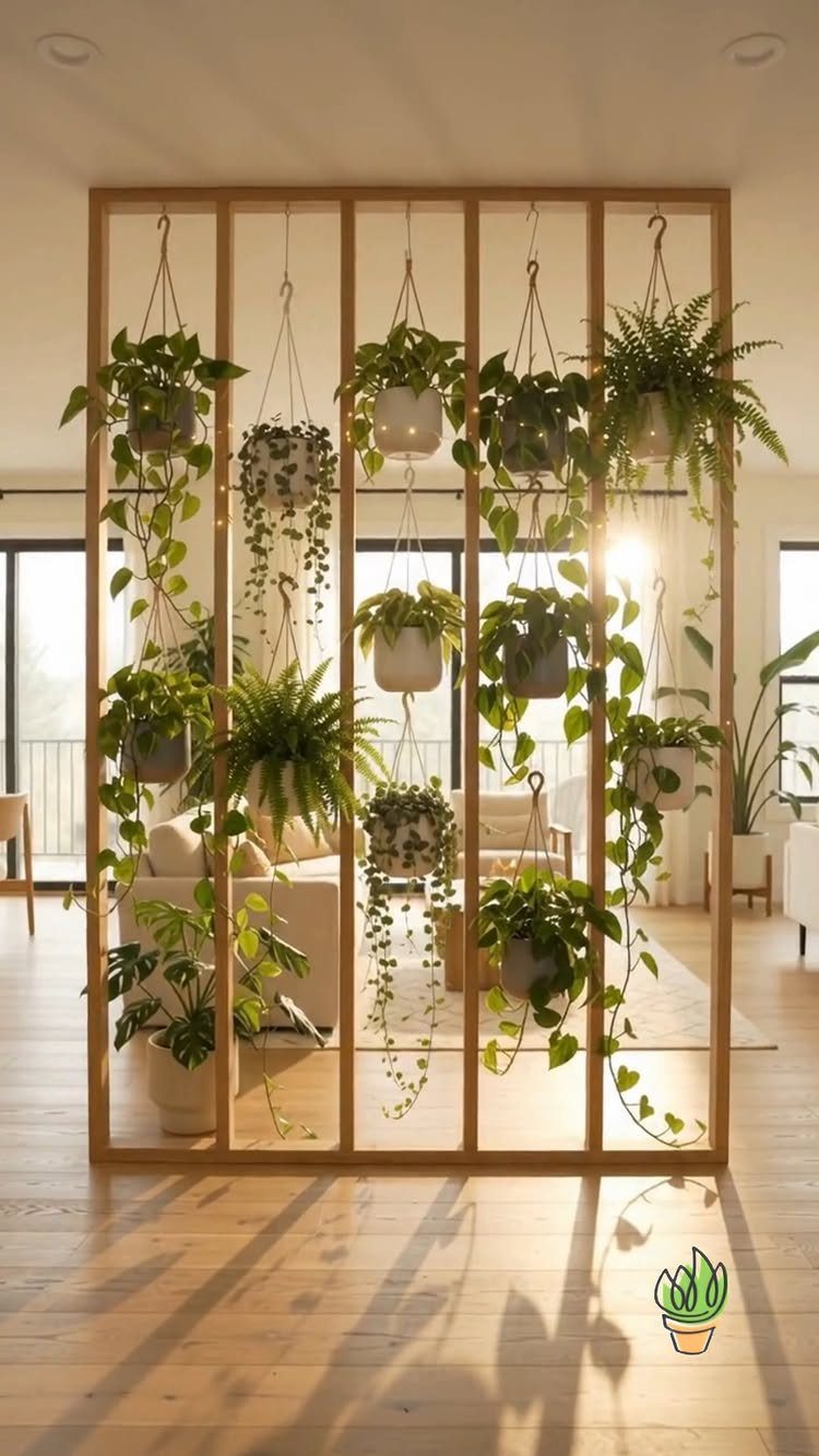 Wooden grid room divider with hanging green plants separating a bright living room