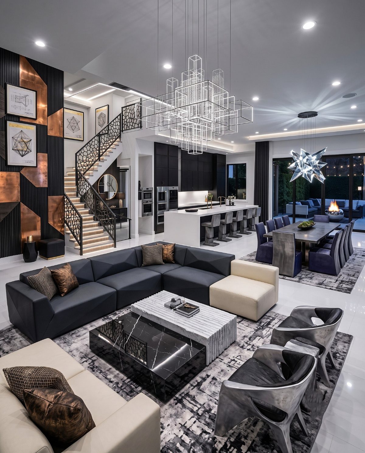 Modern open-concept living room with grey sectional sofa and dining area in background