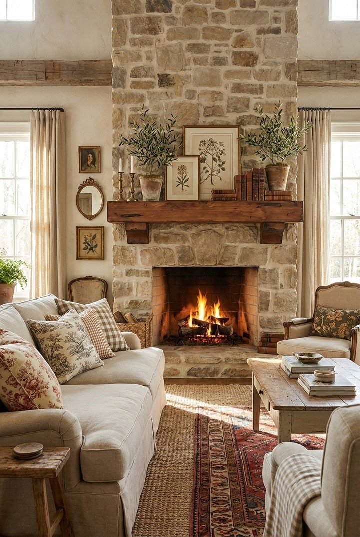 Stone fireplace with a wooden mantel decorated with plants and art in a living room
