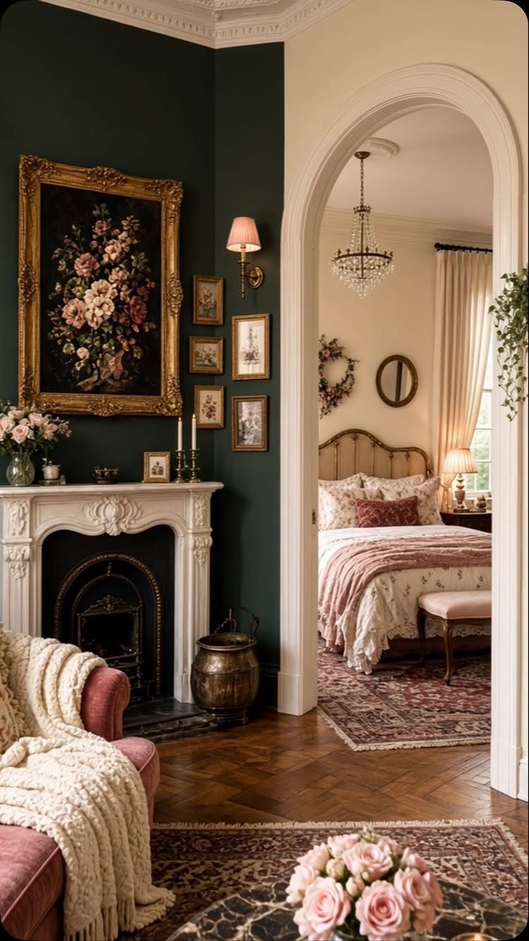 Large gold-framed floral painting hanging above a white ornate living room fireplace mantel.