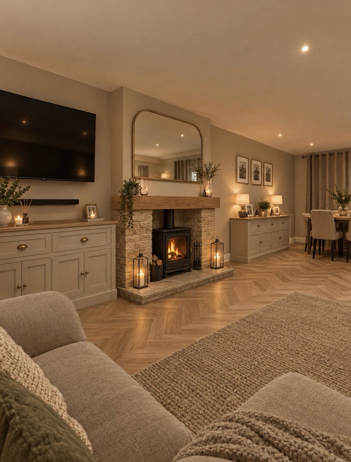 Stone fireplace with wooden mantel and large arched mirror in neutral living room