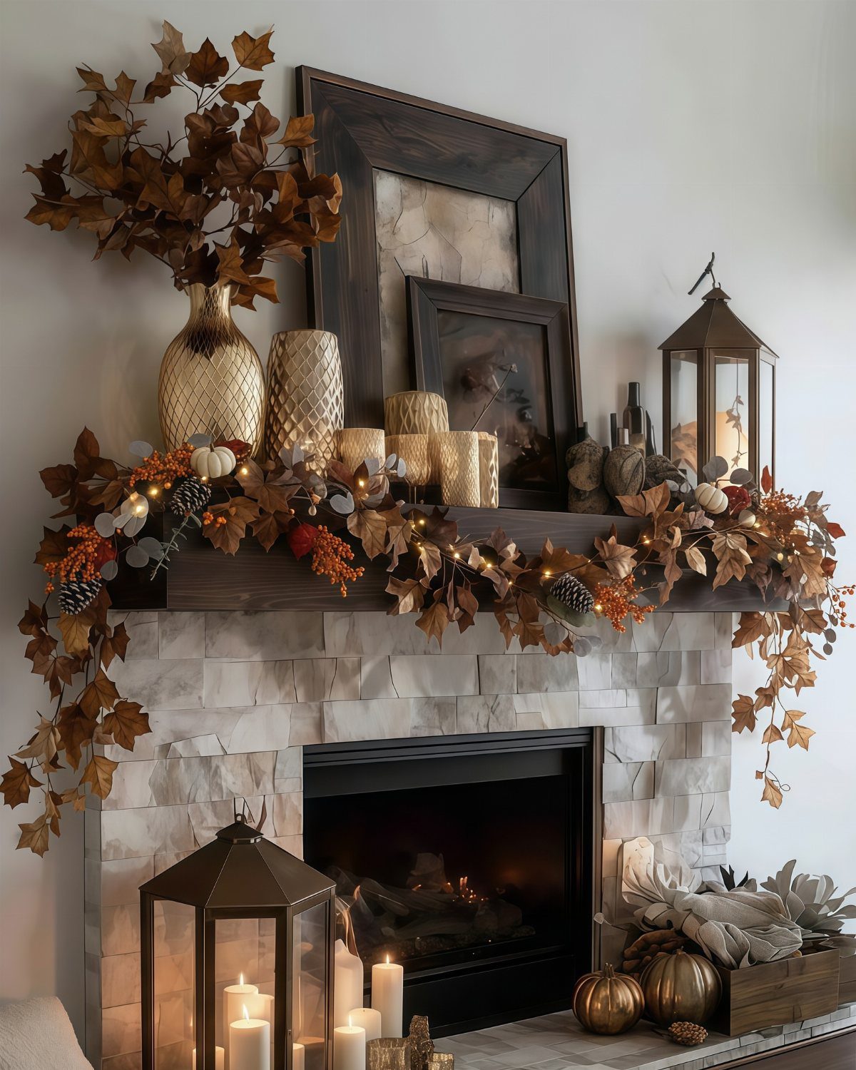 Autumnal fireplace mantel decorated with brown leaves, gold pumpkins, and glowing lanterns.