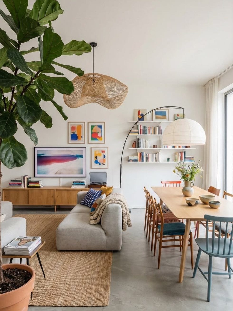Mid-century modern dining area with wooden table, mixed chairs, and open living space.