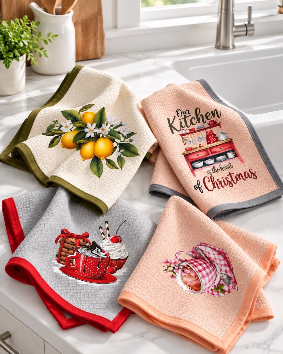 Four festive kitchen towels with holiday and fruit prints on a white countertop.