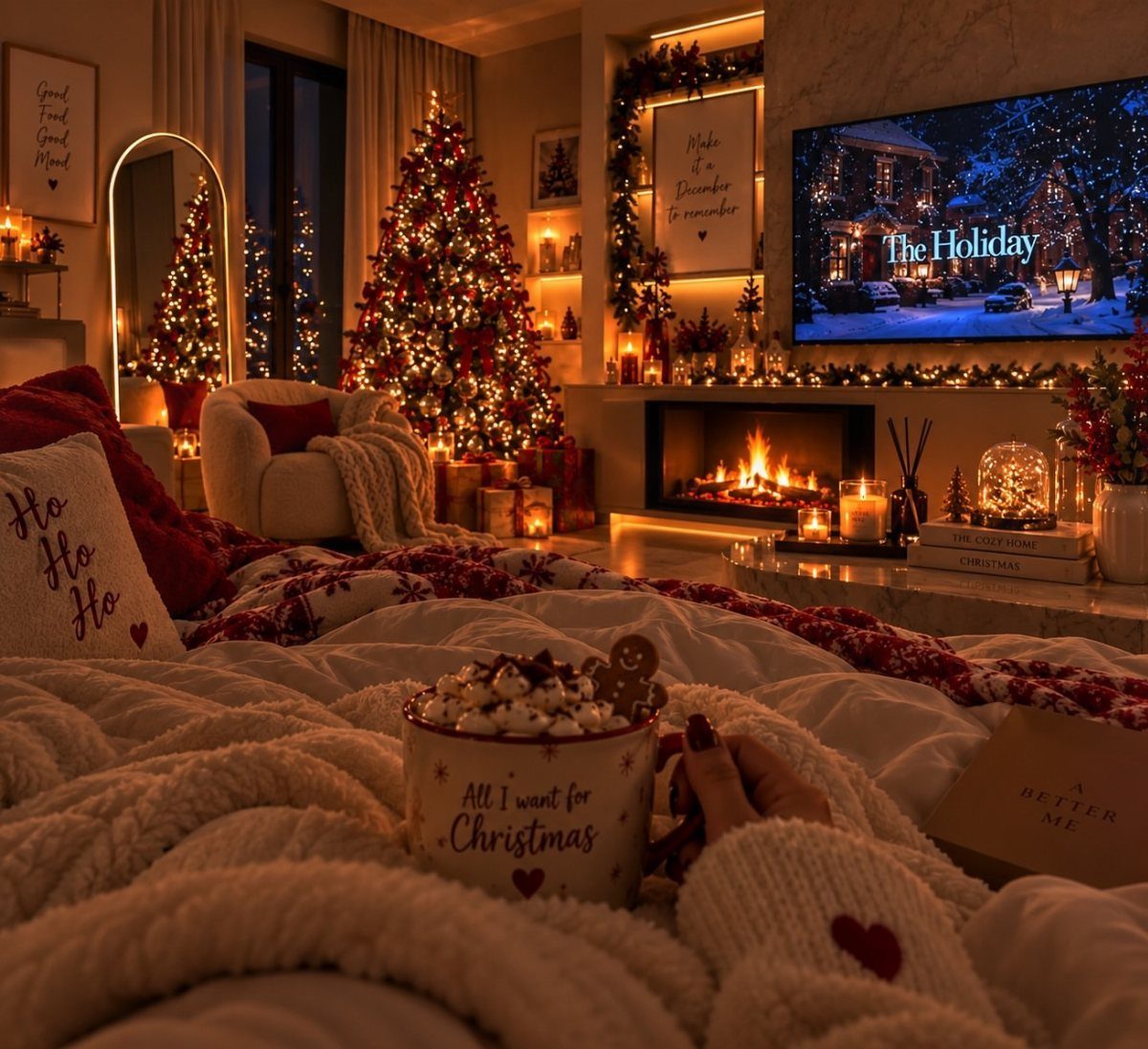 Cozy living room with Christmas tree, fireplace, and person holding hot chocolate