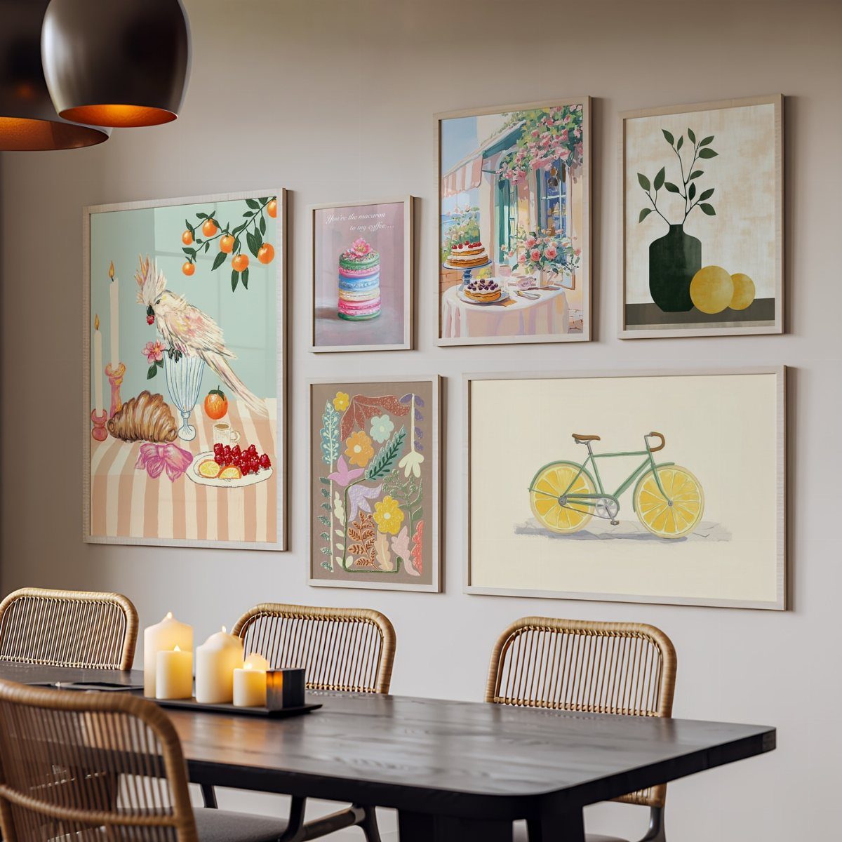 Gallery wall of colorful art prints above a black dining table with rattan chairs.