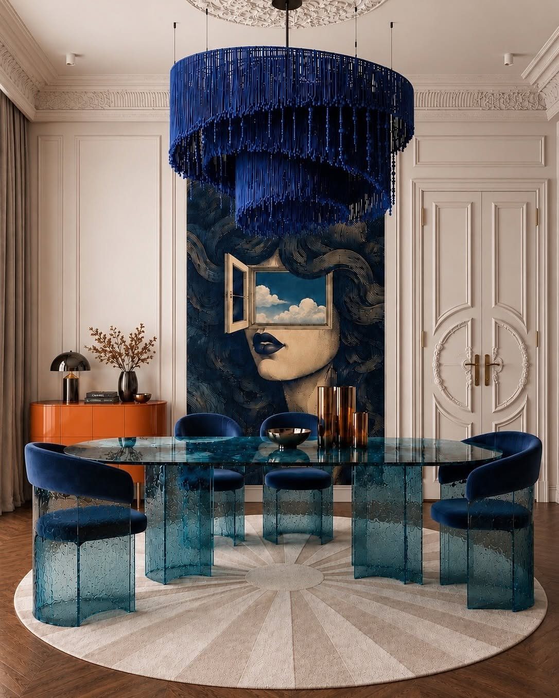 Blue glass dining set under a large blue chandelier with a giant wall painting.
