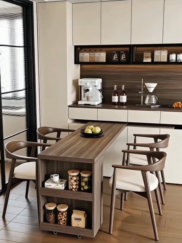 Wooden dining table with integrated storage shelves and modern chairs in a minimalist kitchen