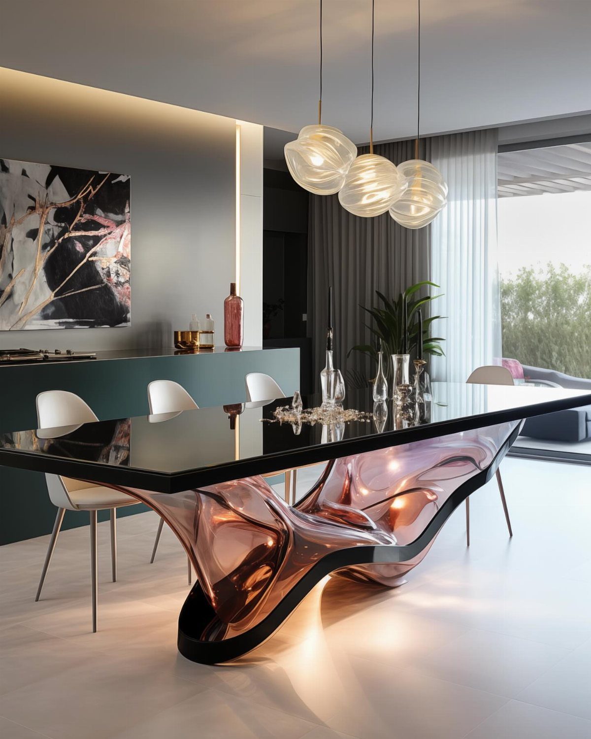 Long black glossy dining table with sculptural rose-gold base and white modern chairs.