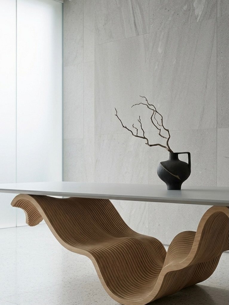 Modern dining table with a wavy wooden base and black vase in minimalist room