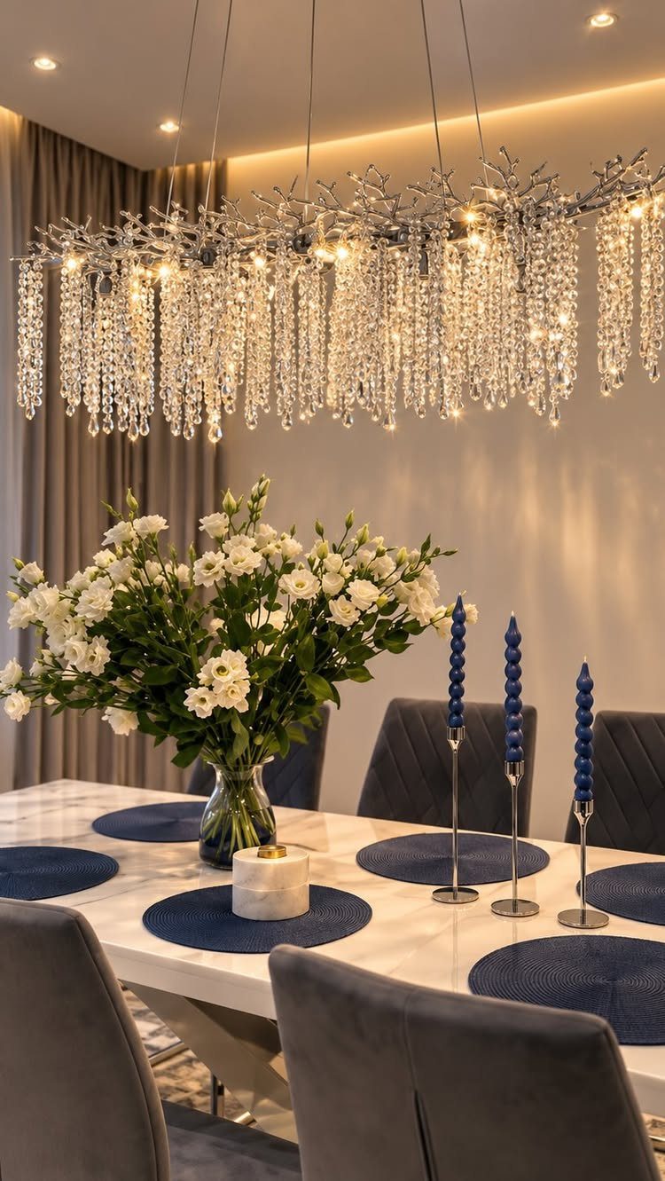 Silver leaf-and-crystal chandelier hanging over a marble dining table with white flowers.