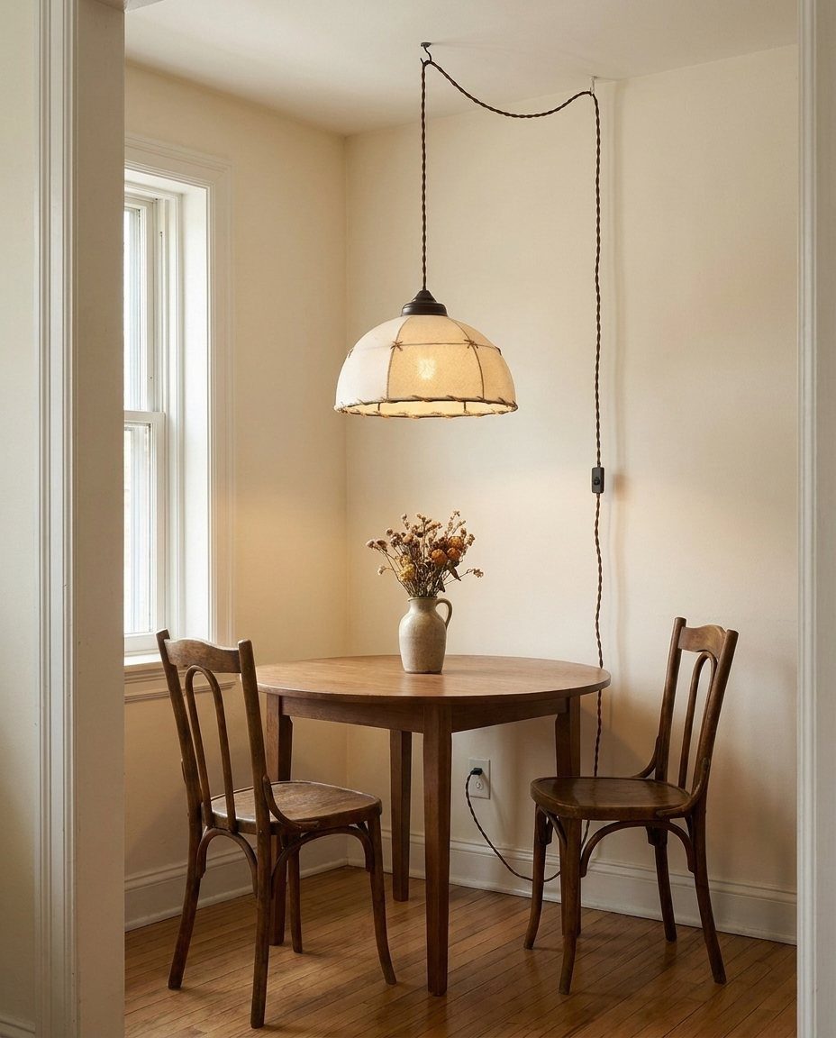 Pendant lamp with exposed dark cord hanging over a round wooden dining table.
