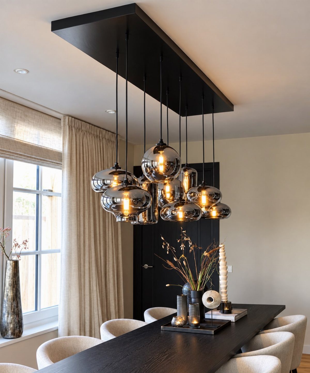 Glass globe pendant lights hanging over a dark wood dining table in a modern room.