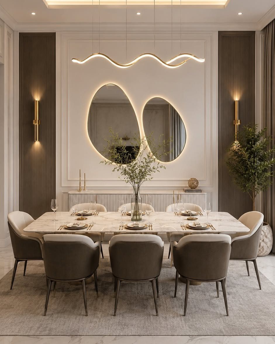 Wavy gold pendant light and matching wall sconces in a modern dining room